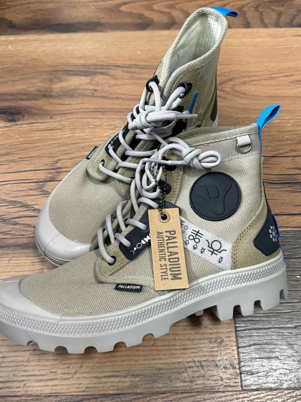 Palladium Tan Canvas High-Top Boots with Blue Pull Tabs